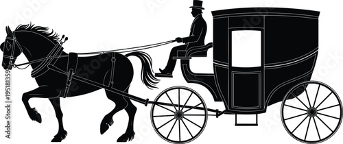 Vintage horse drawn carriage silhouette vector, royal stagecoach with driver for historical old transportation design