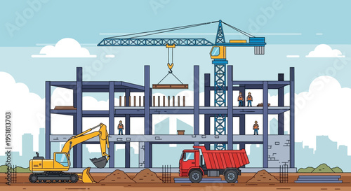 A vibrant construction site showcases a building under development with heavy machinery and workers depicted as a silhouette high quality professional