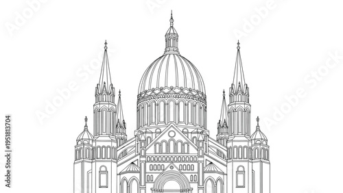 Exquisite and highly detailed black and white line art illustration depicting the majestic facade of a grand cathedral with intricate architectural elements.