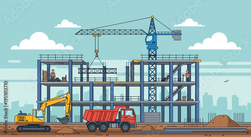 Construction site with a crane building framework workers and vehicles under a cloudy sky a dark silhouette high quality professional