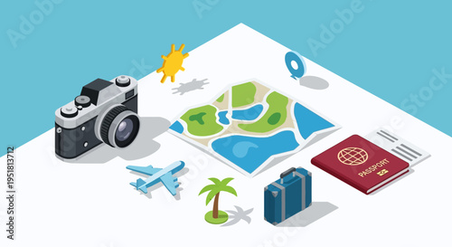 Isometric travel scene featuring a camera map plane and passport presented in a flat design silhouette high quality professional detailed modern