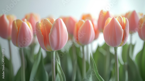 A captivating close up showcases a cluster of delicate peach colored tulips with soft yellow edges gently rising, their graceful stems adding to the serene beauty.