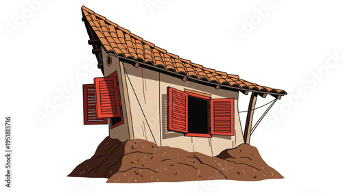 Stylized illustration of a small rustic house with a steep tiled roof and bright red shutters perched on a mound of dirt under a white sky.