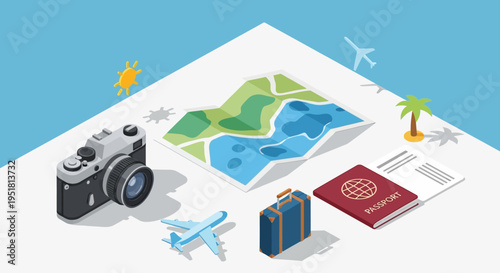 Isometric illustration depicting travel essentials like a camera map passport and airplane creating a vacation theme silhouette high quality professional detailed