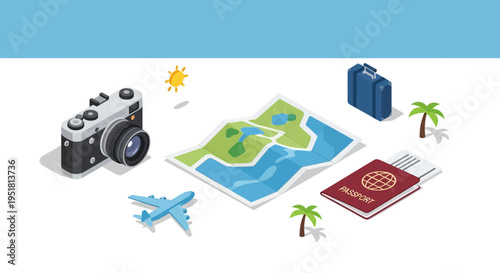 Isometric travel icons including a camera map airplane and passport forming a flat lay composition silhouette high quality professional detailed modern