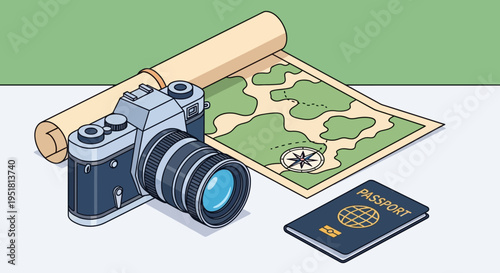 A vintage camera rests beside a map and passport evoking a sense of travel and adventure silhouette high quality professional detailed