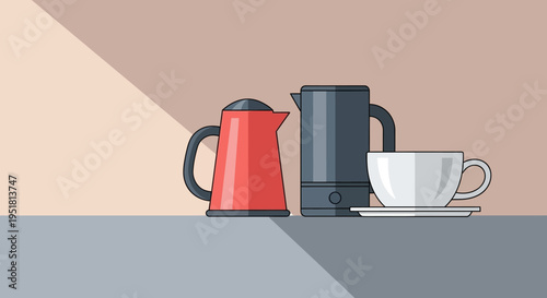 A still life composition depicting a red carafe a black kettle and a white teacup on a surface silhouette high quality