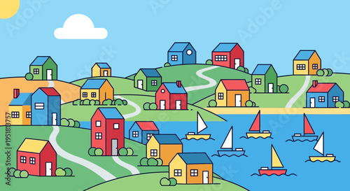 A colorful illustration depicts a coastal town with houses boats and rolling hills featuring a distinct silhouette high quality professional detailed