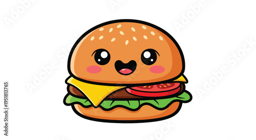 A cheerful cartoon hamburger with a smiling face and rosy cheeks against a clean white background.