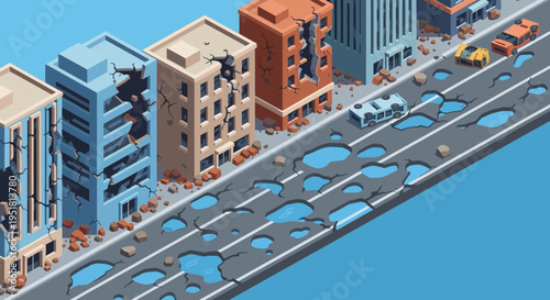 An isometric view of a fractured cityscape with crumbling buildings and cracked roads featuring a distinct silhouette high quality professional detailed