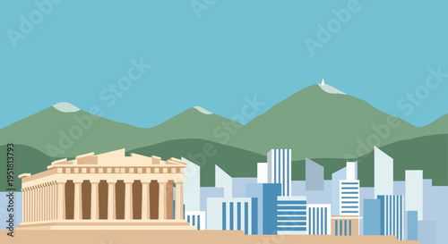 A stylized depiction of ancient ruins and a modern cityscape against a mountainous backdrop rendered as a silhouette high quality professional
