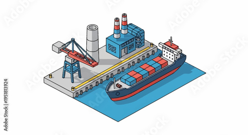 Isometric illustration of a modern shipping port with a cargo ship docked at the pier, cranes, and industrial buildings.