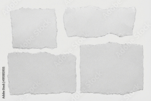 Set of 4 white blank torn paper pieces vector with rough edges, ideal for notes, labels, or textured backgrounds, isolated on a light gray background.