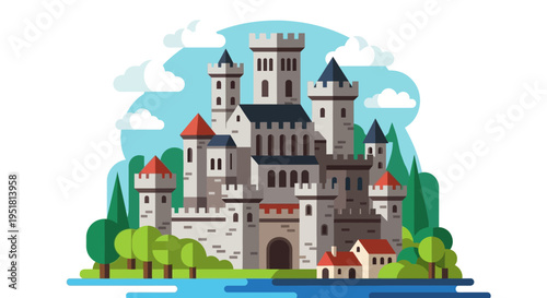 A detailed illustration of a medieval castle with prominent towers and surrounding landscape presented as a silhouette high quality professional modern