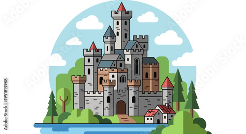 A colorful illustration depicts a medieval castle with towers trees and a small village presented as a silhouette high quality professional