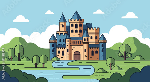 A vibrant illustration depicts a fairytale castle with rolling green hills and a flowing river presented as a striking silhouette