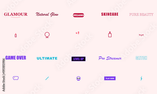 Creative Vector Icons and Text: Beauty, Skincare, Gaming, and Lifestyle Graphics.