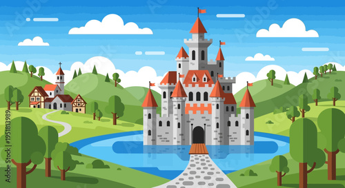A vibrant illustration depicts a fairytale castle with surrounding greenery and a winding path a striking silhouette high quality professional detailed