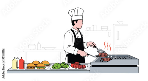 Illustration of a chef grilling meat on a barbecue with various food items on a counter in a kitchen with a white background.