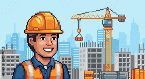A pixel art construction worker smiles before a cityscape and crane highlighting urban development silhouette high quality professional detailed modern elegant