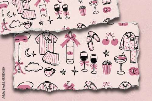 Pink and Black Hand-Drawn Pajama Party Sleepover Seamless Pattern Vector with Wine, Popcorn, and Cherries on Torn Paper