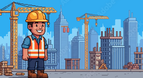 Pixel art depicts a construction worker smiling in front of a cityscape with a distinct silhouette high quality professional detailed modern