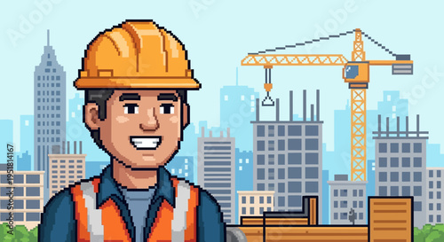 Pixel art depiction of a construction worker with a city skyline and crane in the background silhouette high quality professional detailed