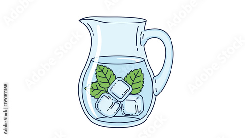 Refreshing cartoon illustration of a clear pitcher filled with water, crisp ice cubes, and fresh mint leaves, perfect for summer drinks.