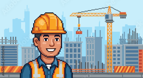 Pixel art depiction of a construction worker with a city skyline and crane in the background silhouette high quality professional detailed