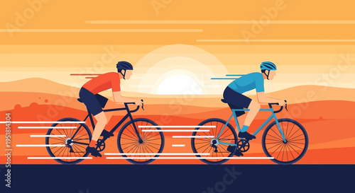 Two cyclists race across a desert landscape during a vibrant sunset depicted in a striking silhouette high quality professional detailed modern