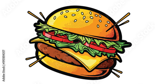 A colorful cartoon cheeseburger with lettuce, tomato, and cheese on a white background, with a classic comic book style illustration.