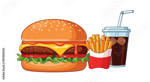A digital illustration of a cheeseburger, french fries, and a soft drink on a white background, showcasing a classic fast food meal.