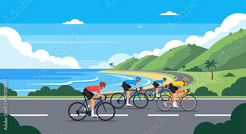 A group of cyclists races along a coastal road with mountains and a blue sky shown as a silhouette high quality