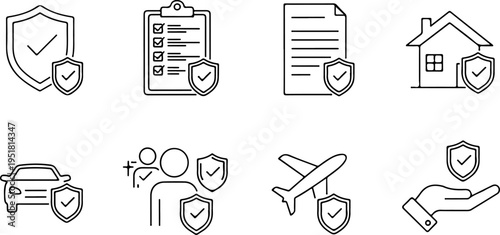 Minimal insurance protection line icon set with shield symbols for health, home, car, life and travel, representing security services and medical coverage, editable stroke.eps