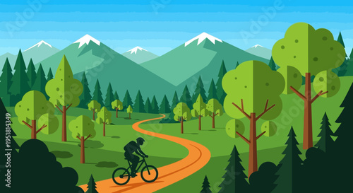 A cyclist rides along a winding path through a lush green landscape with distant mountains a striking silhouette high quality professional