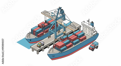 Isometric illustration of container ships being loaded and unloaded at a busy port with cranes and vehicles.
