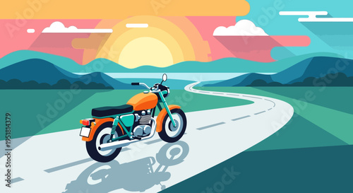 A vibrant illustration depicts a motorcycle on a winding road beneath a colorful sunset creating a striking silhouette high quality professional