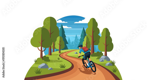 A cyclist rides along a winding path through a vibrant landscape framed by trees and mountains silhouette high quality professional detailed