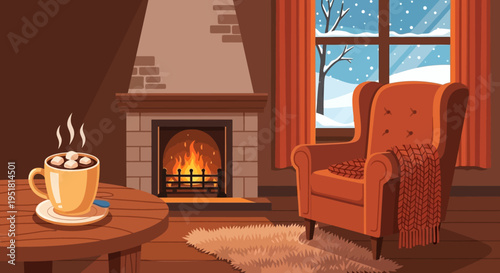 A cozy winter scene depicts a warm fireplace armchair and hot beverage creating a relaxing atmosphere silhouette high quality professional