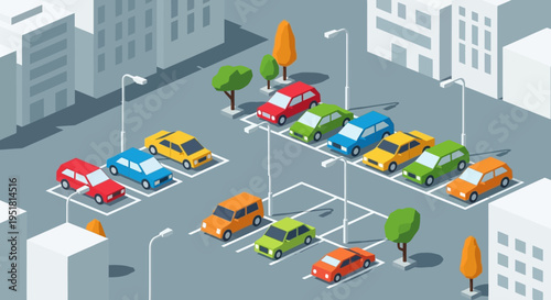 An isometric view of a colorful city parking lot with various cars streetlights and trees in silhouette high quality professional detailed