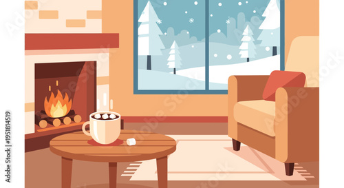 A cozy winter scene depicts a fireplace armchair and steaming mug by a window creating a warm silhouette high quality professional