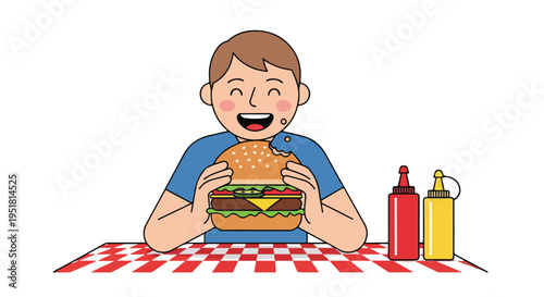 Happy boy holding a large burger on a red and white checkered tablecloth with ketchup and mustard bottles.