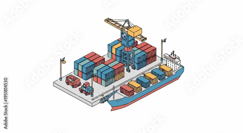 Isometric illustration of a busy shipping port with cargo containers being loaded onto a ship by a crane.