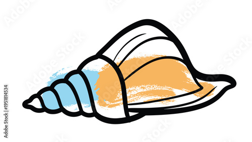 Stylized illustration of a spiraled seashell with thick black outlines and artistic splashes of light blue and orange color on its surface.