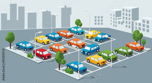 A colorful isometric view of a parking lot filled with various cars and trees presented as a silhouette high quality professional