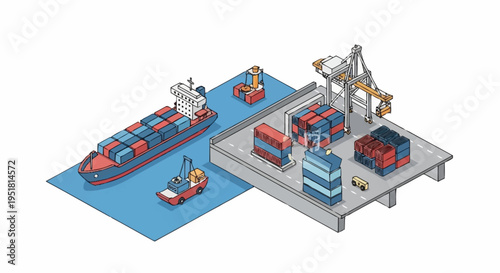 Isometric illustration of a busy container port with a cargo ship being loaded and unloaded by cranes and forklifts.