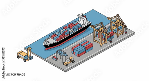 Isometric illustration of a busy container ship port with cranes, forklifts, and stacked cargo containers.