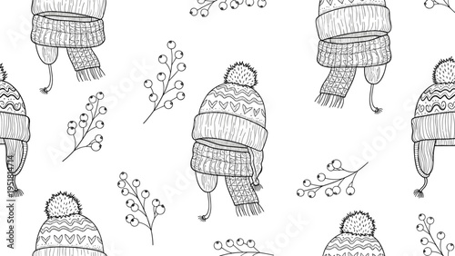 Cozy black and white seamless pattern featuring hand-drawn winter hats, warm scarves, and delicate berry branches, evoking a festive holiday feel.