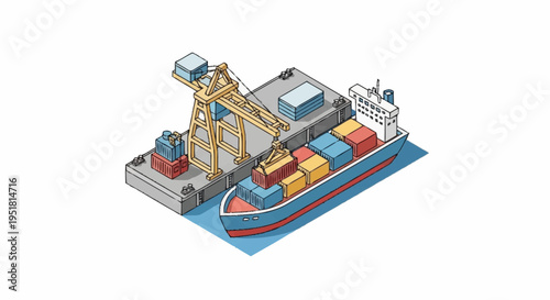 Isometric illustration of a cargo ship being loaded with containers at a port using a large crane.