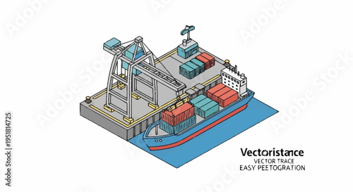 Isometric illustration of a container ship being loaded at a port with a large crane.
